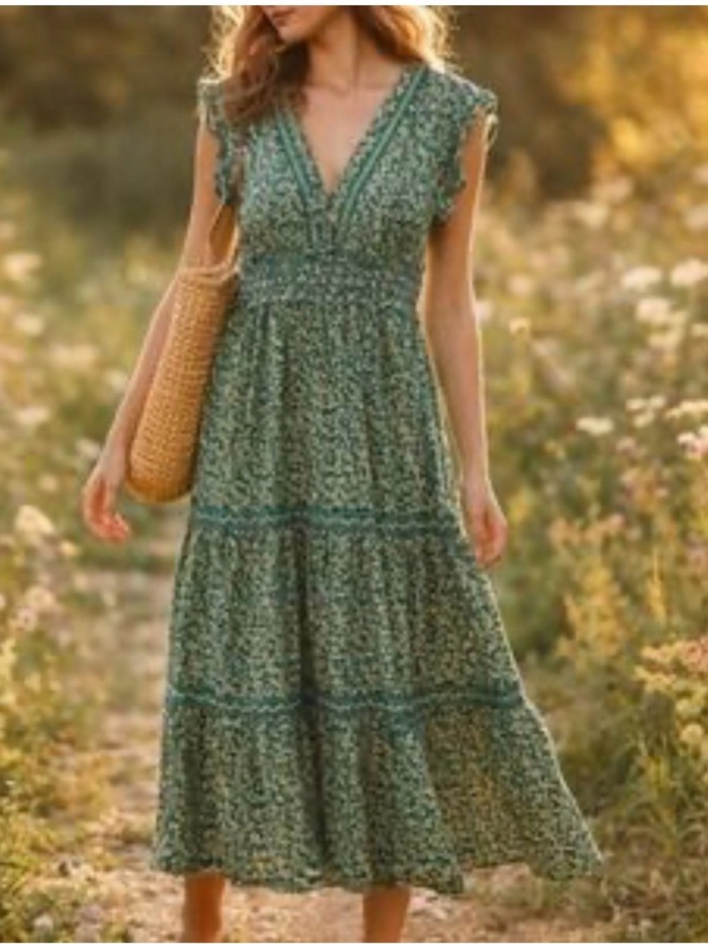 Max Studio Green Floral V-Neck Tiered Maxi Dress